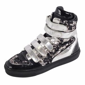 Louis Vuitton Women Silver & Black Sequin Leather High-Top Sneakers size 41.5